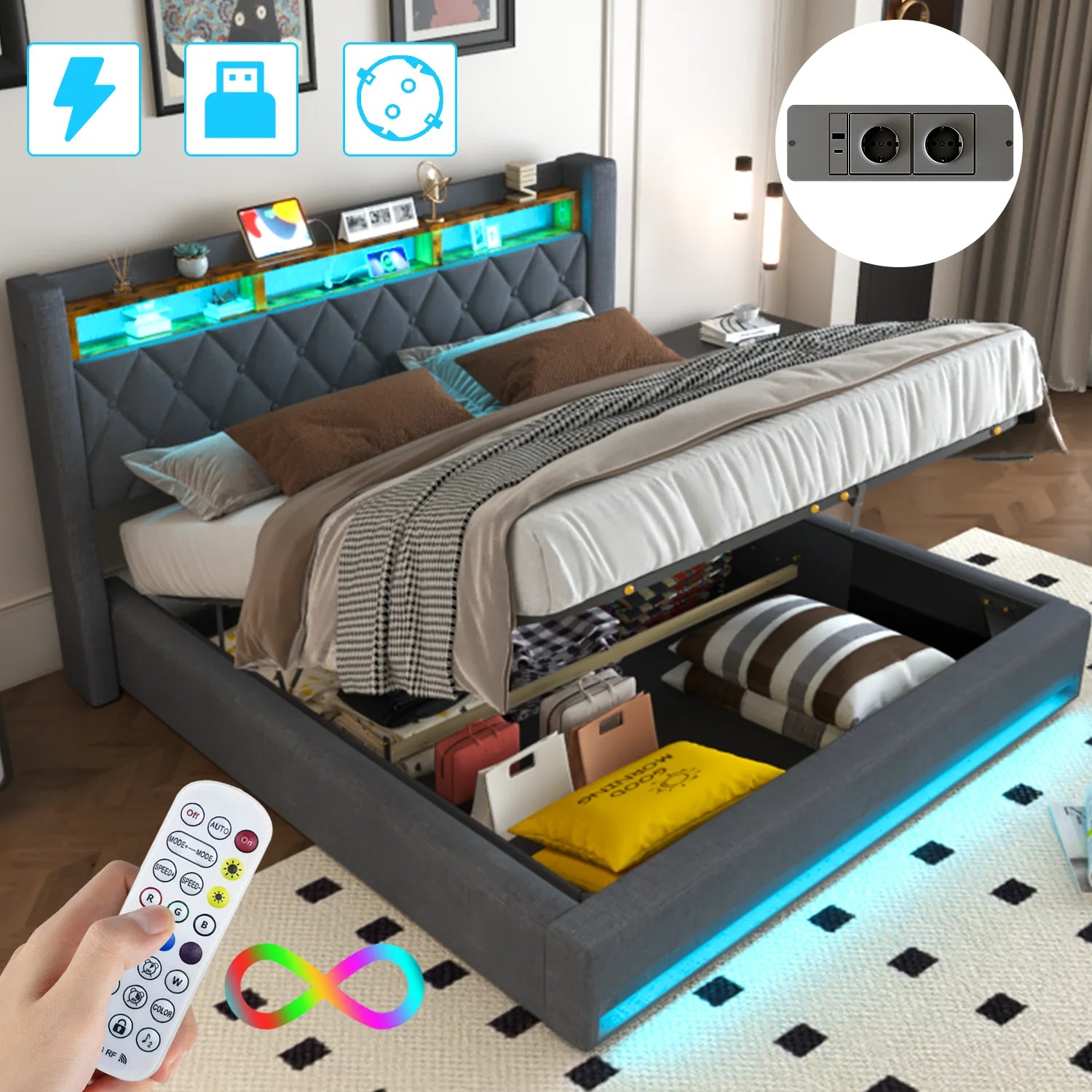 Lit coffre 140 × 190 cm avec LED et ports USB