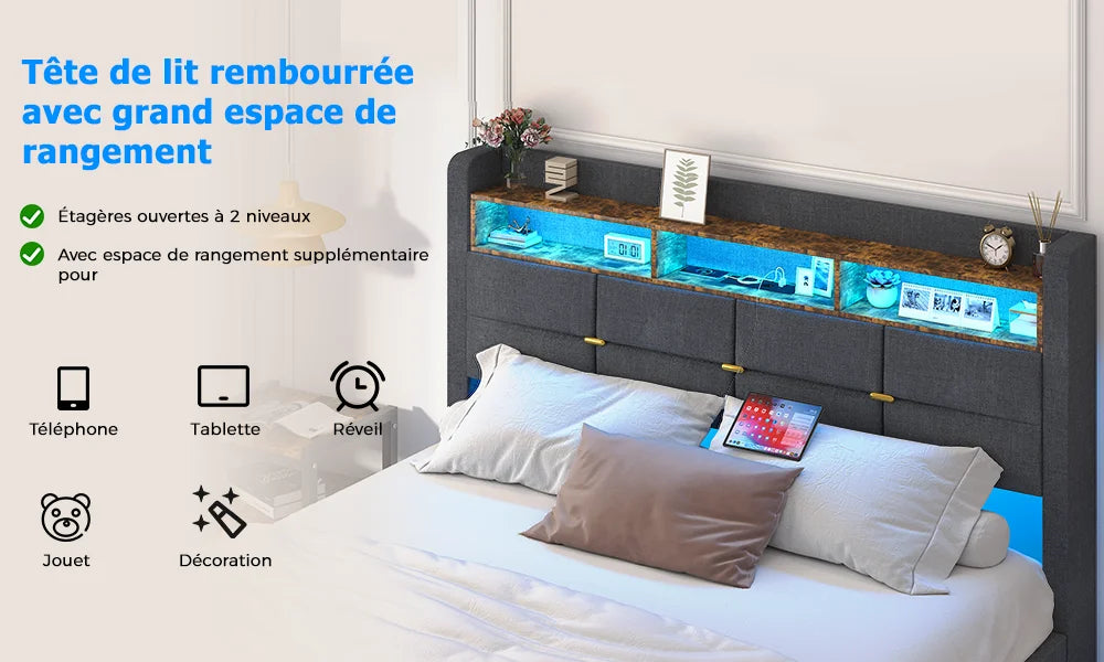 Lit effet flottant avec LED, 2 prises et 2 ports USB