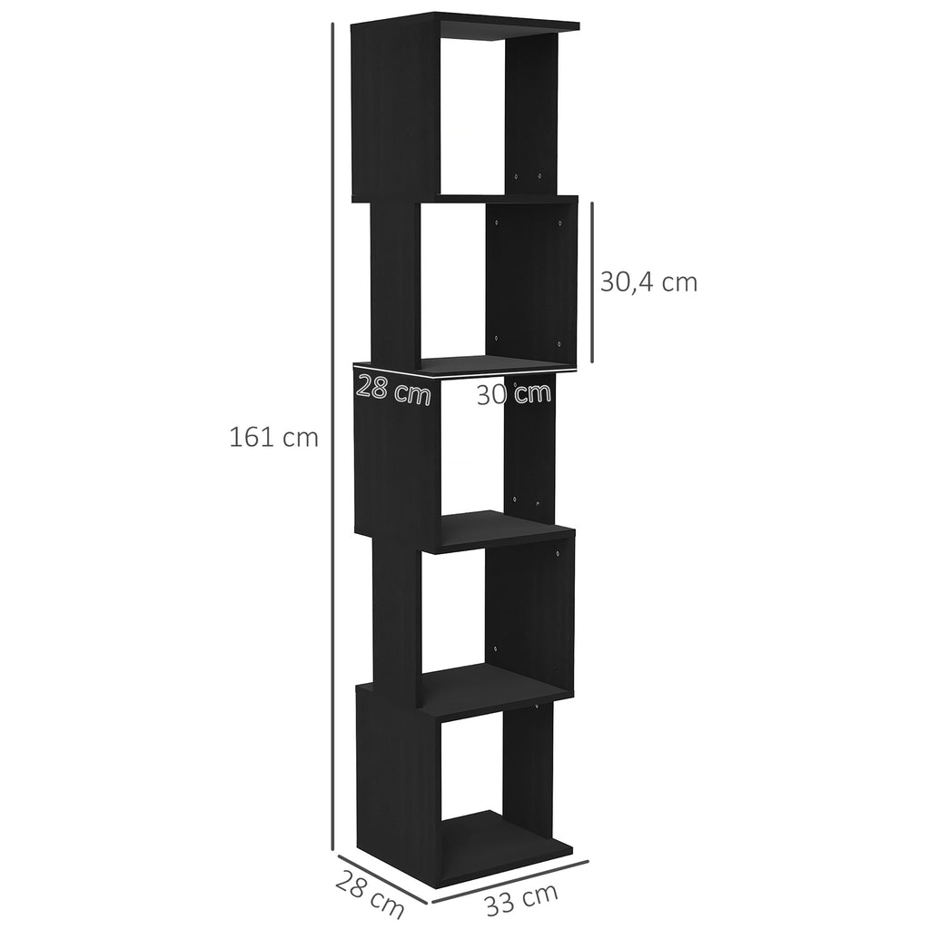 Bibliothèque étroite noire à 5 niveaux, hauteur 161 cm — dimensions des étagères