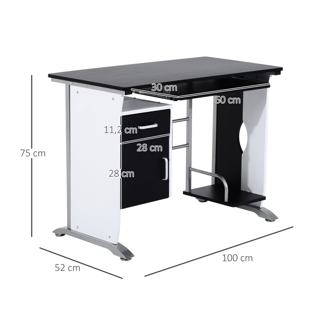 Bureau informatique compact noir et blanc de 100 cm, illustration 11