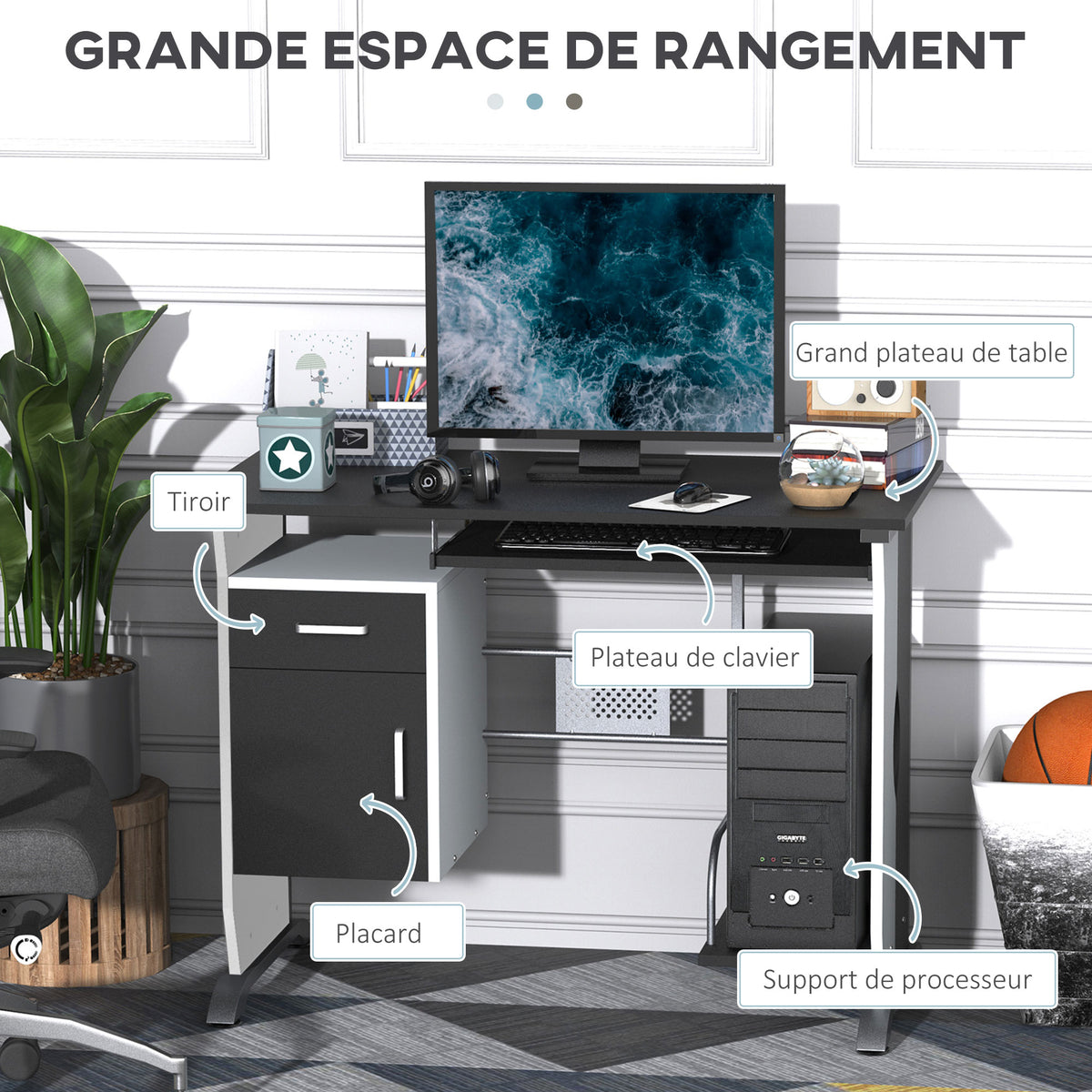 Bureau informatique compact noir et blanc de 100 cm, illustration 9