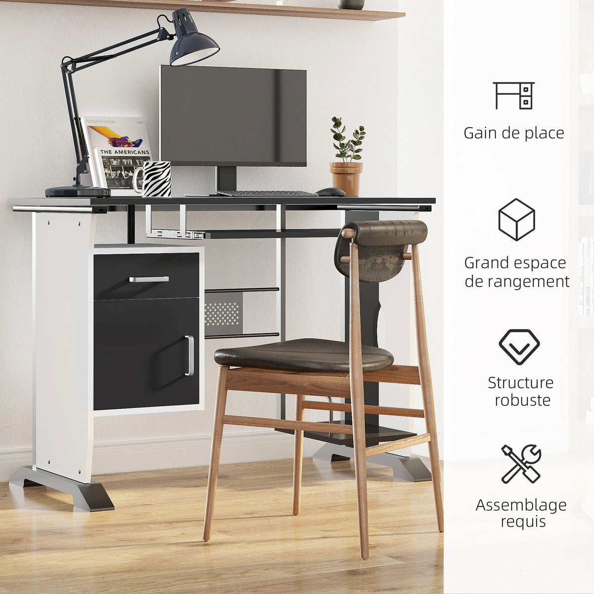 Bureau informatique compact noir et blanc de 100 cm, illustration 12