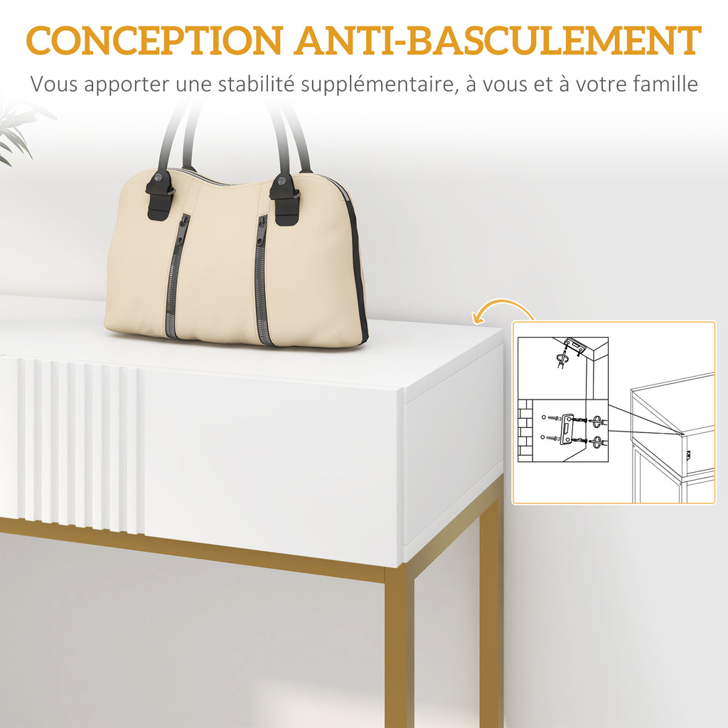 Console blanche avec 2 tiroirs et base en acier