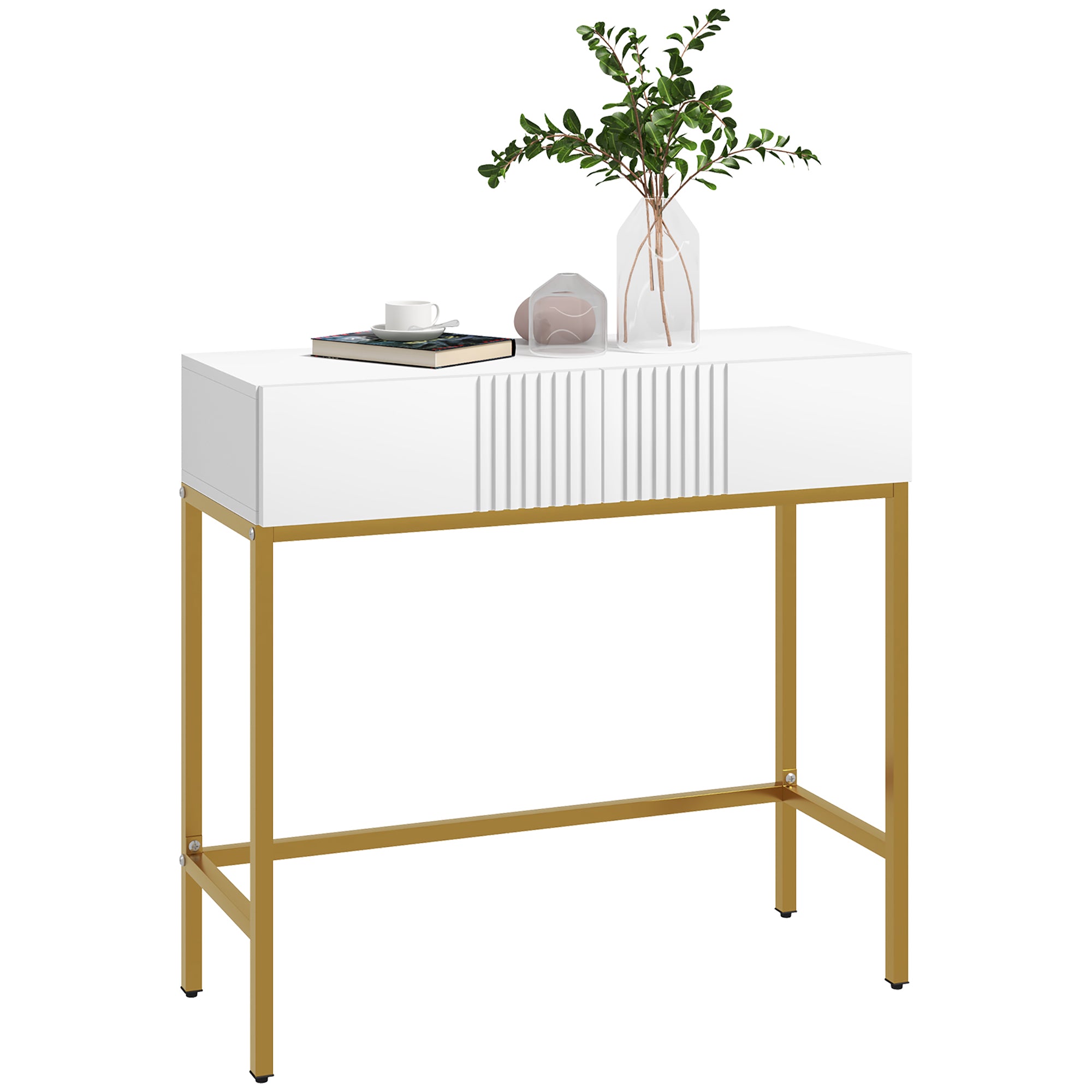 Console blanche avec 2 tiroirs et base en acier