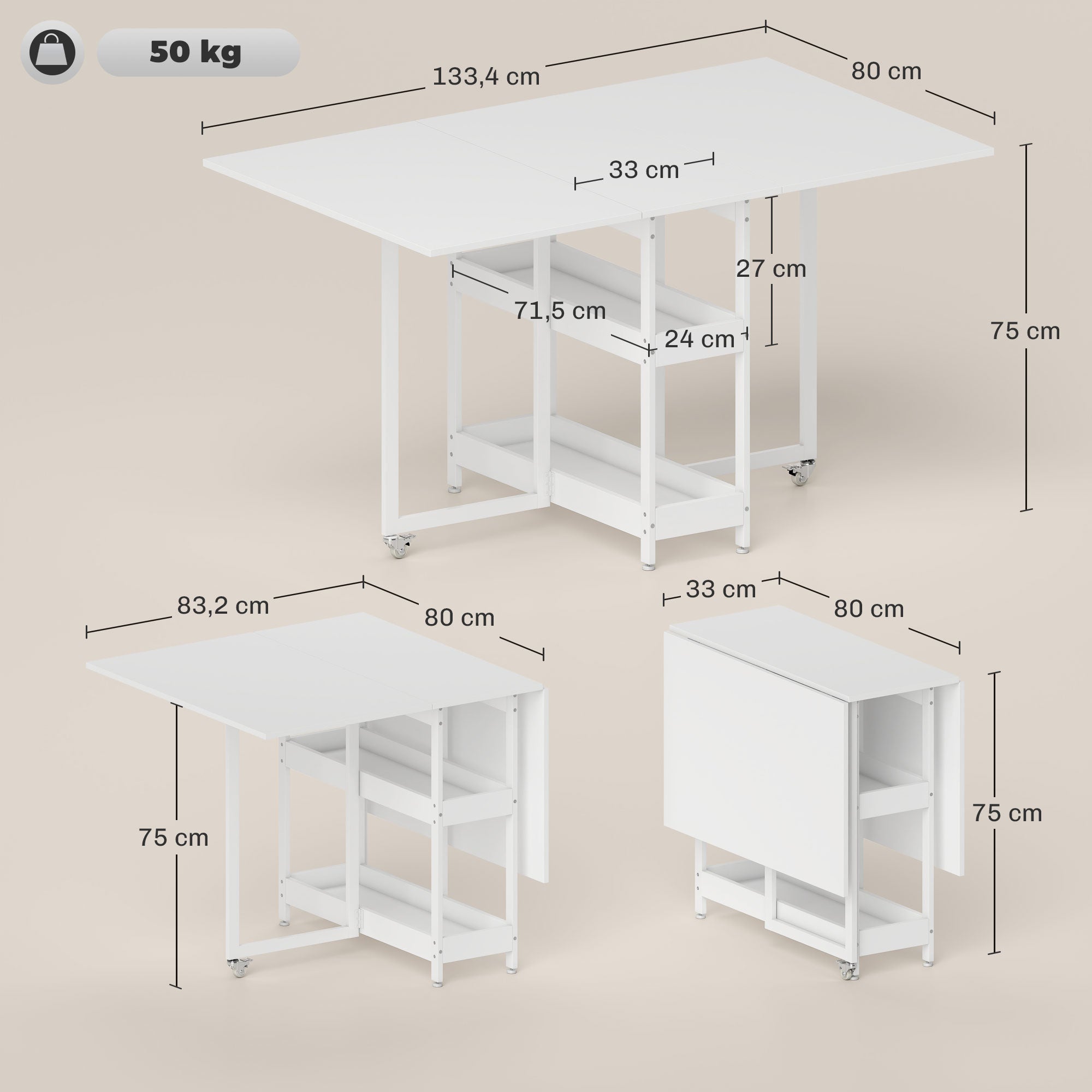 Table à manger pliante sur roulettes pour 4 personnes