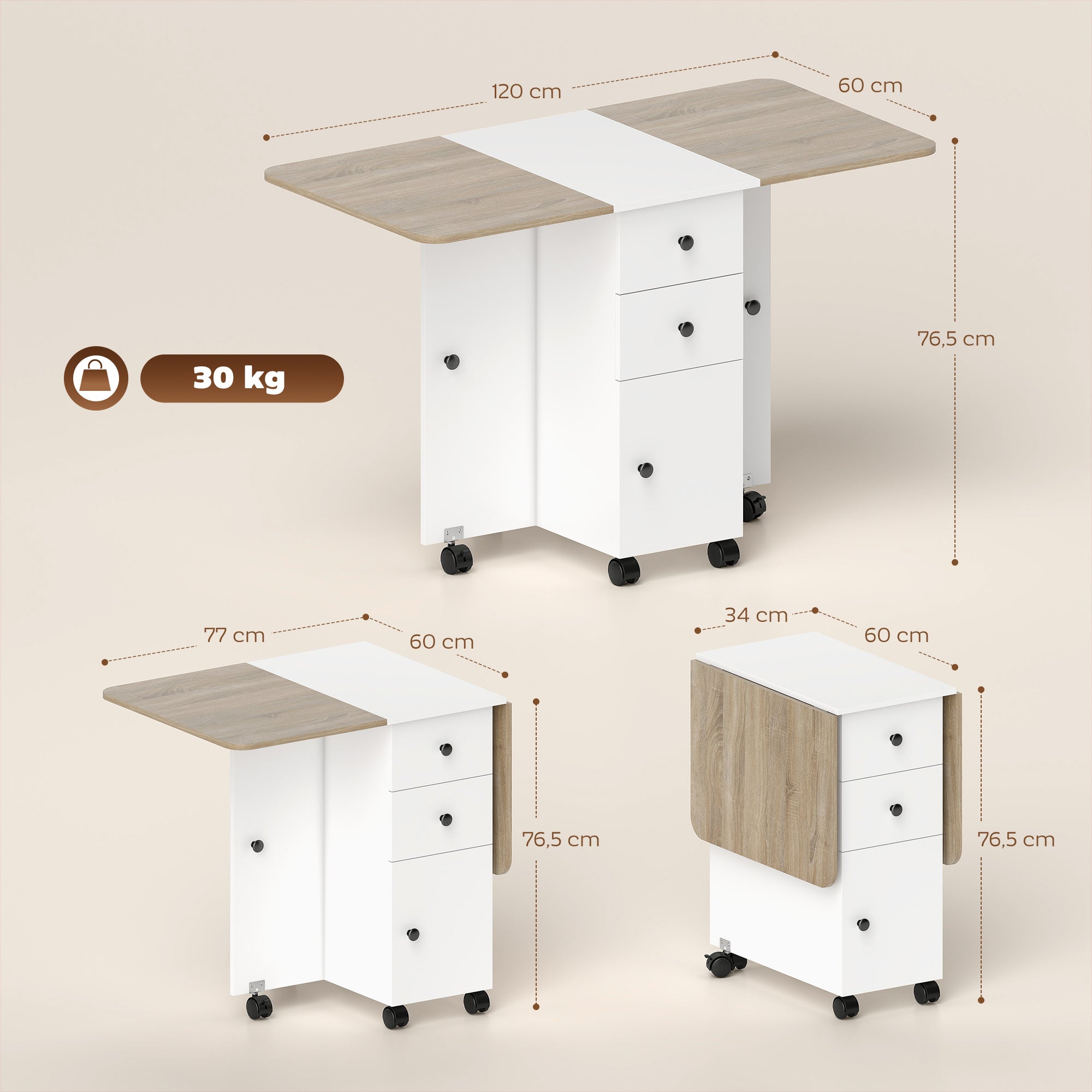 Table à manger pliante mobile 120 × 60 cm avec rangement