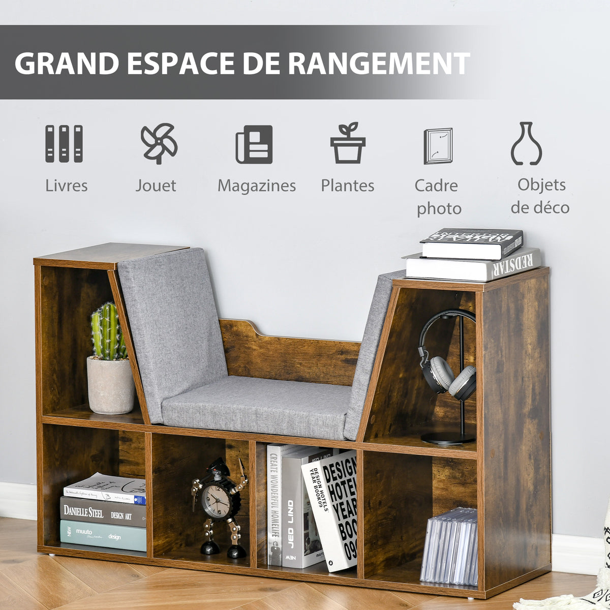 Banc bibliothèque 6 compartiments, brun rustique, 102 cm — six rangements ouverts