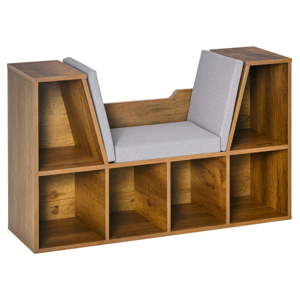 Banc bibliothèque 6 compartiments, brun rustique, 102 cm — vue de trois quarts