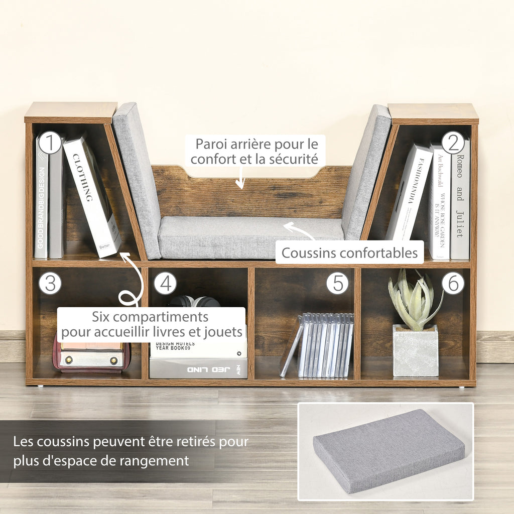 Banc bibliothèque 6 compartiments, brun rustique, 102 cm — détail de l’assise