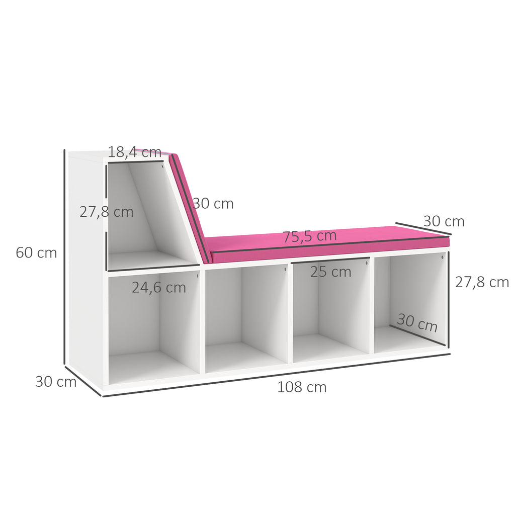Banc bibliothèque blanc et rose à 5 compartiments, 108 cm — dimensions détaillées