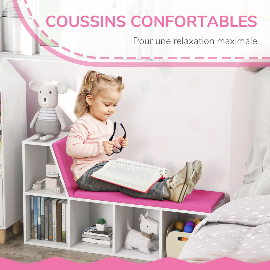 Banc bibliothèque blanc et rose à 5 compartiments, 108 cm — assise et coussins