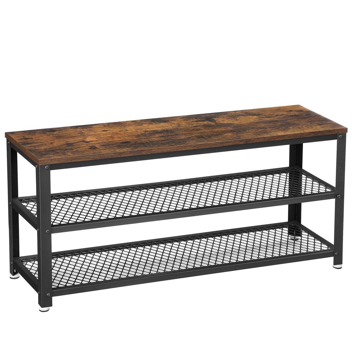 Banc à chaussures effet bois et noir, 100 cm — plateau effet bois et étagères noires