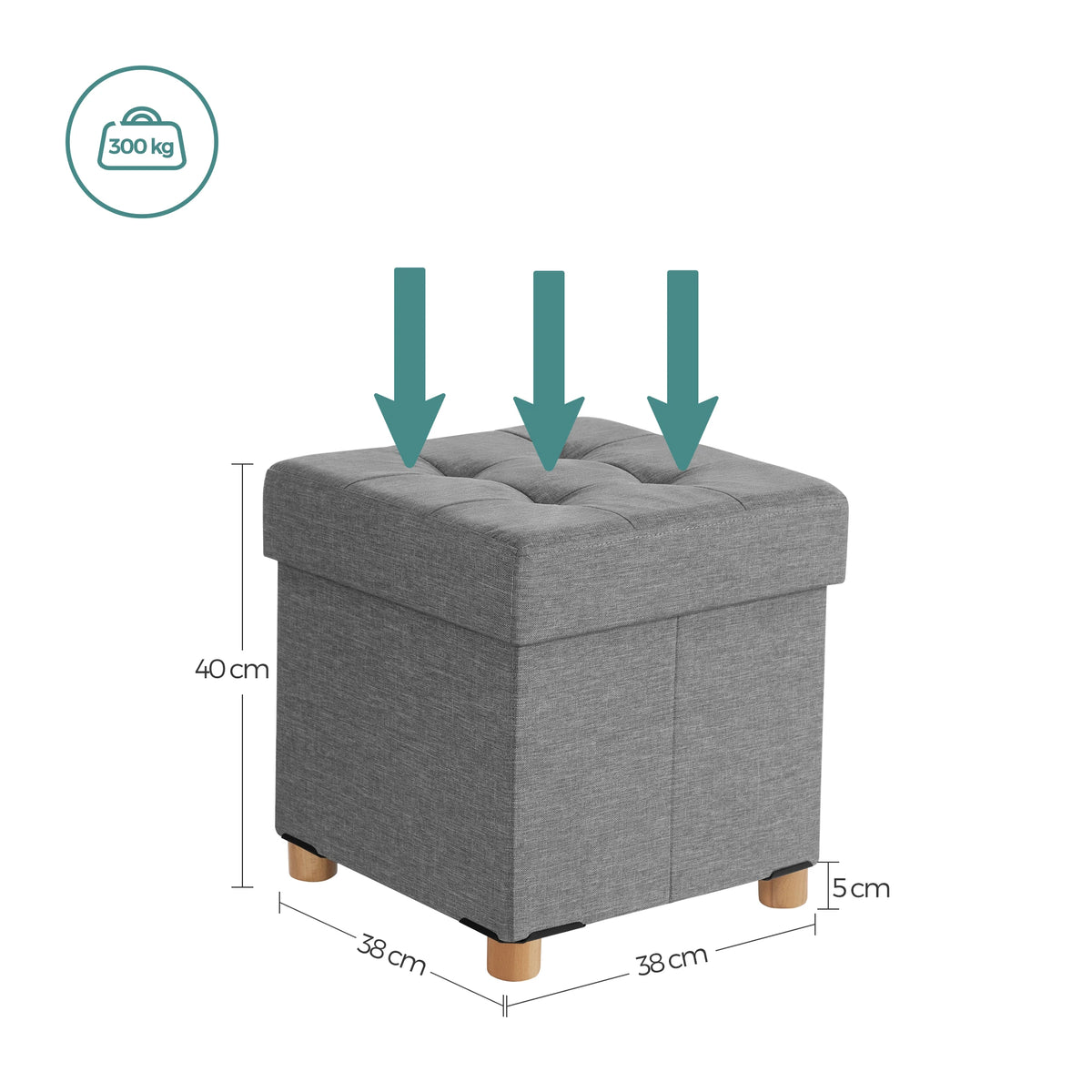 Pouf coffre pliable carré 38 × 38 × 40 cm — dimensions et charge annoncées
