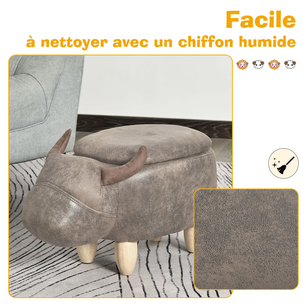 Pouf vache avec coffre de rangement, brun aspect daim — entretien du revêtement