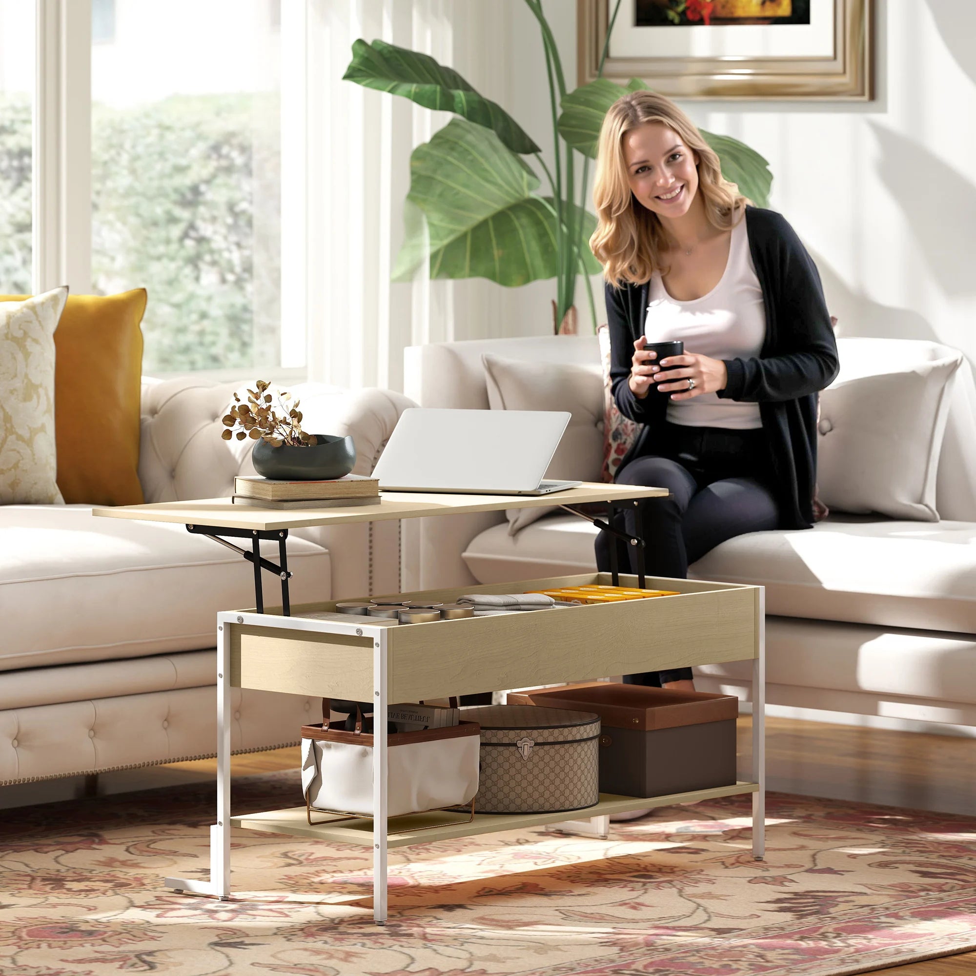 Table basse relevable avec rangement 95 × 40 cm