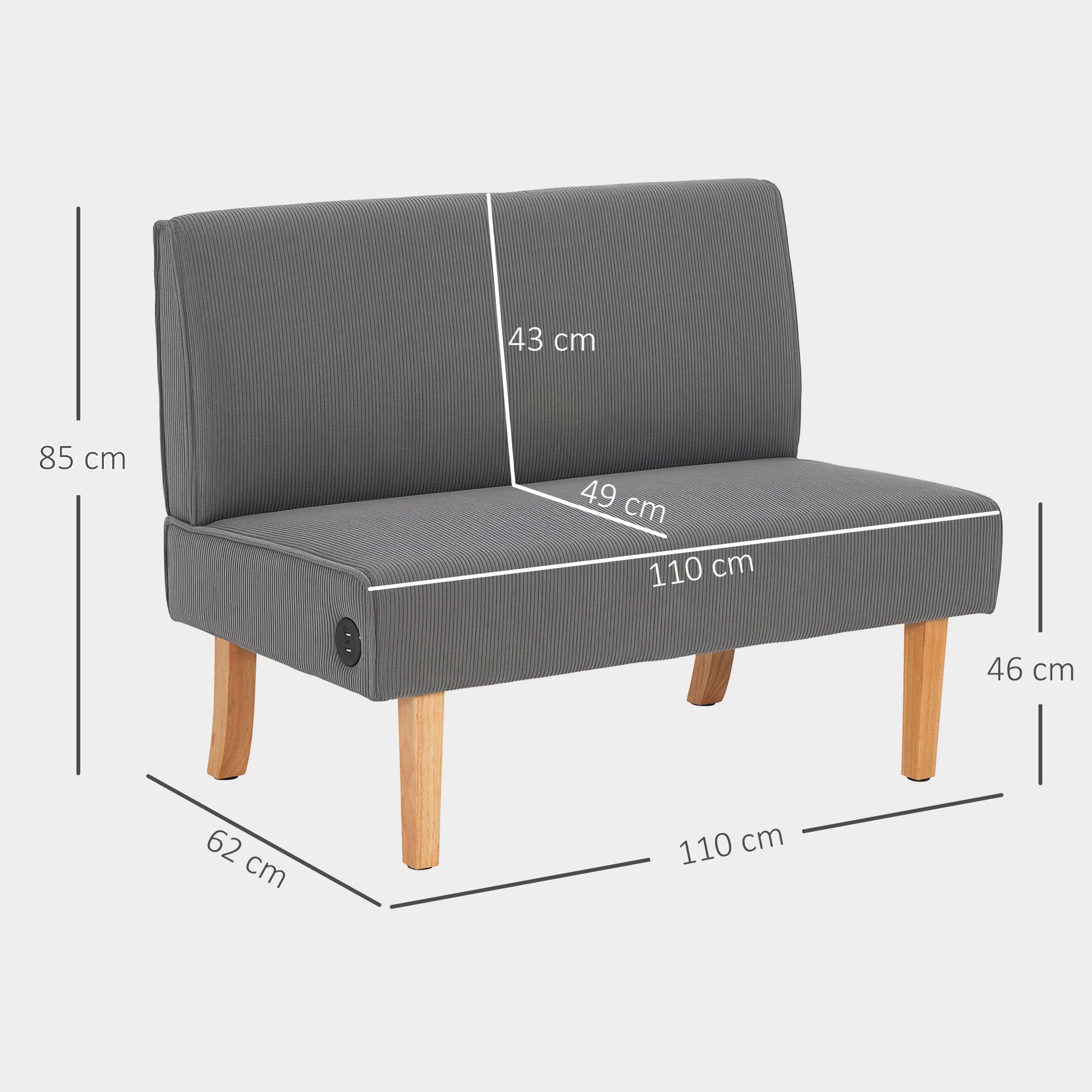 Canapé 2 places en velours côtelé avec ports USB et USB-C