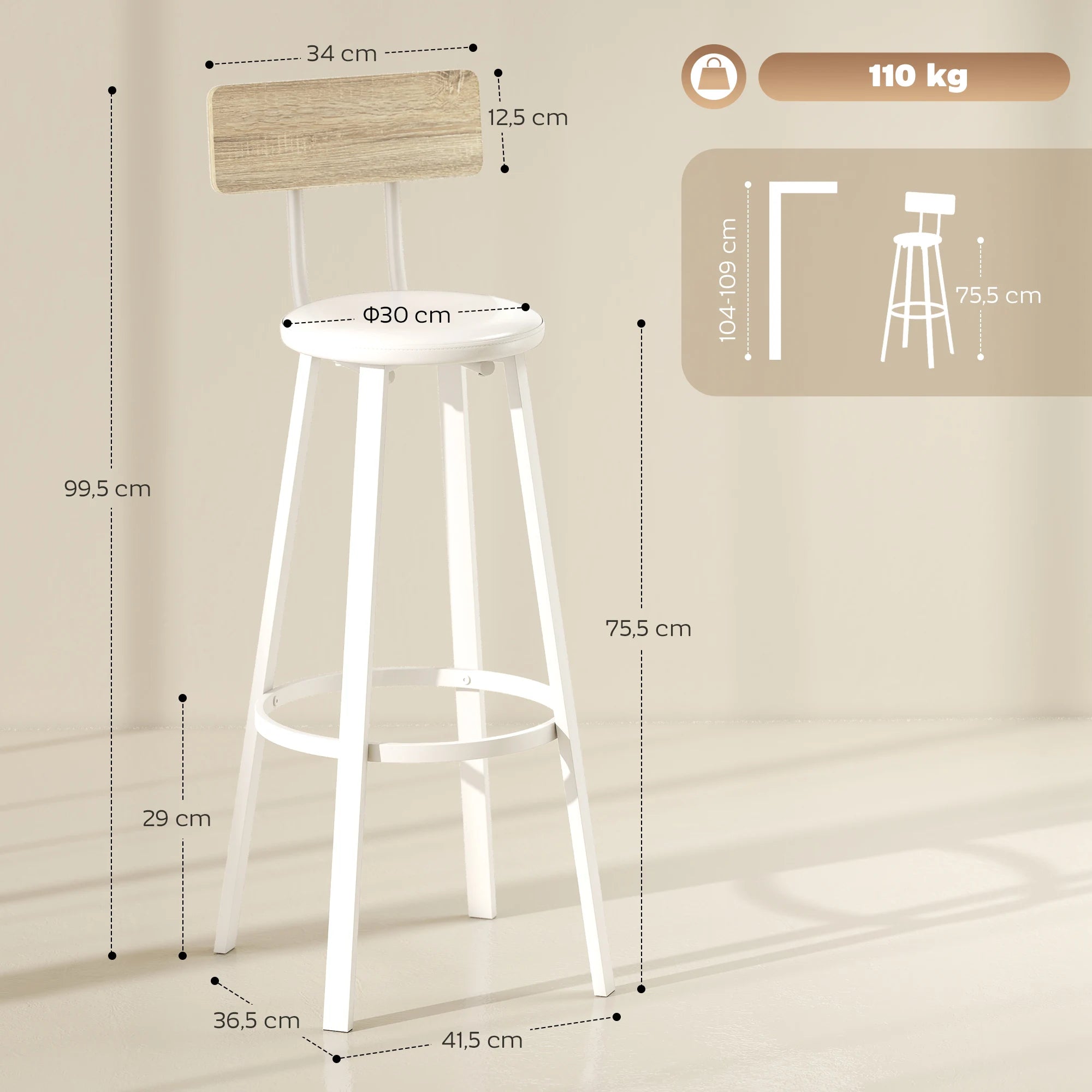 Lot de 2 tabourets de bar rembourrés hauteur 75,5 cm