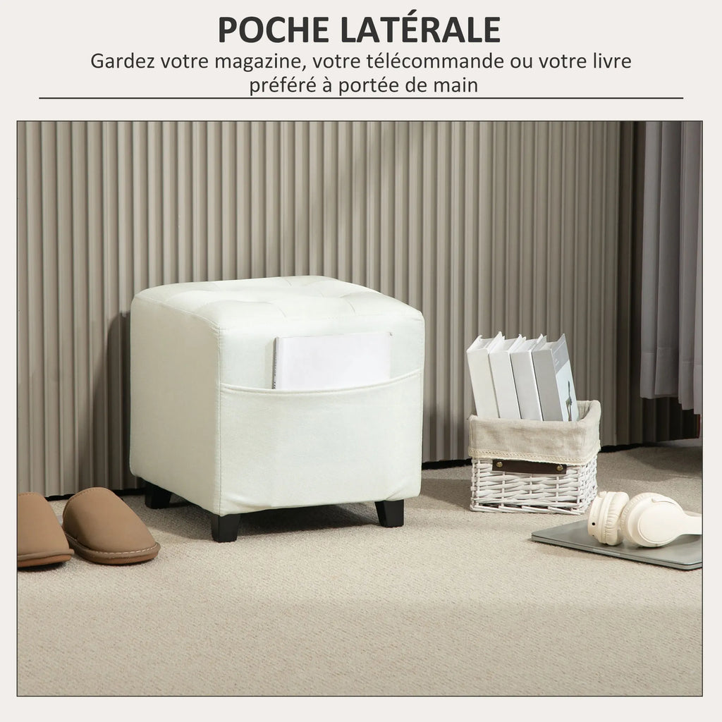 Pouf repose-pieds crème avec poche latérale, 35 cm — poche latérale