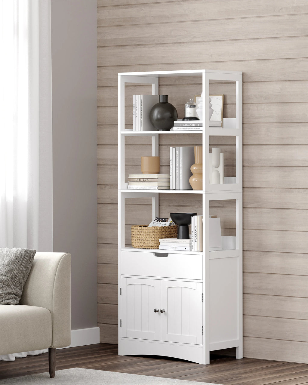 Armoire haute blanche avec 3 niches, tiroir et placard
