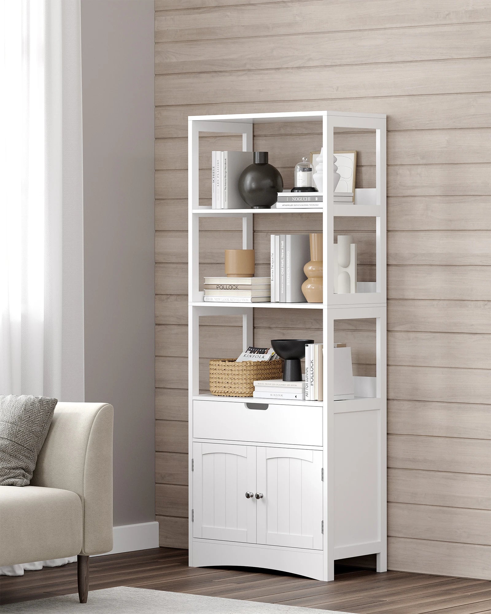 Armoire haute blanche avec 3 niches, tiroir et placard