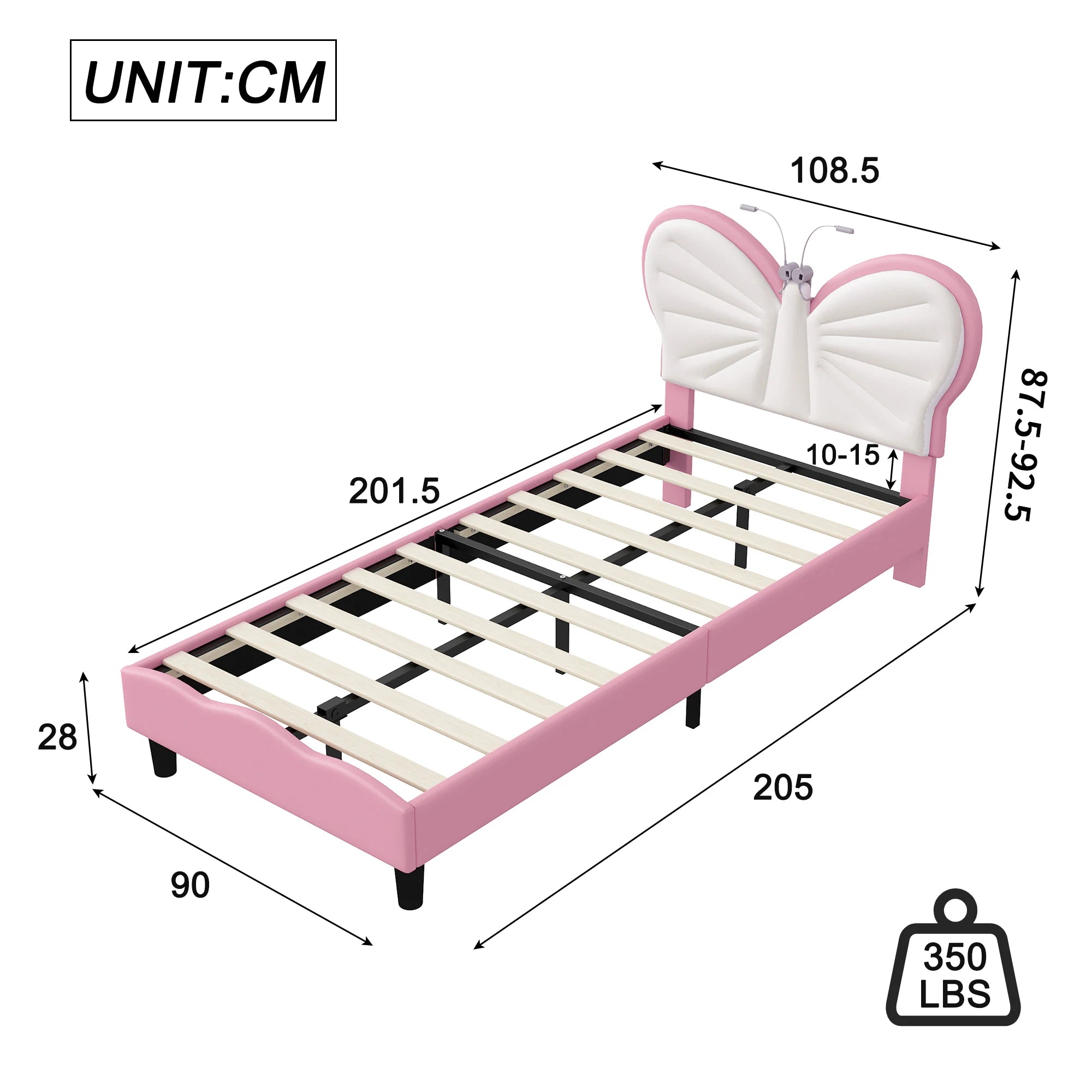 Lit enfant papillon avec lampe de lecture 90 × 200 cm