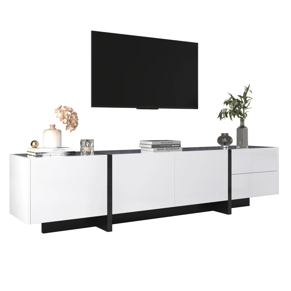 Meuble TV bas de 190 cm aux façades blanches et noires, visuel 14