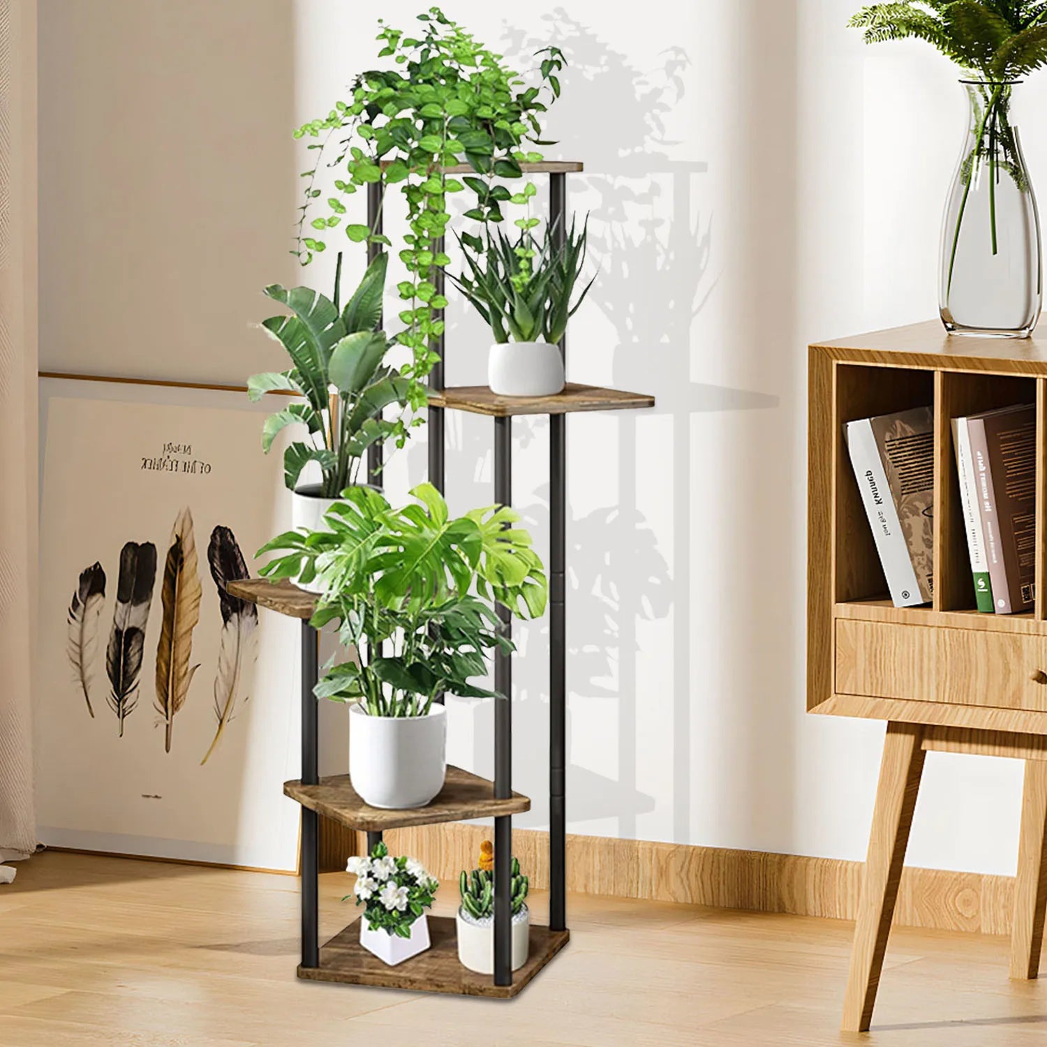 Support à plantes vintage en bois et métal à 5 niveaux