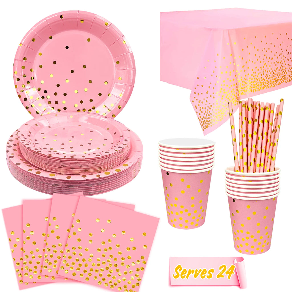 Vaisselle de fête rose et dorée à pois : vaisselle rose à pois dorés.