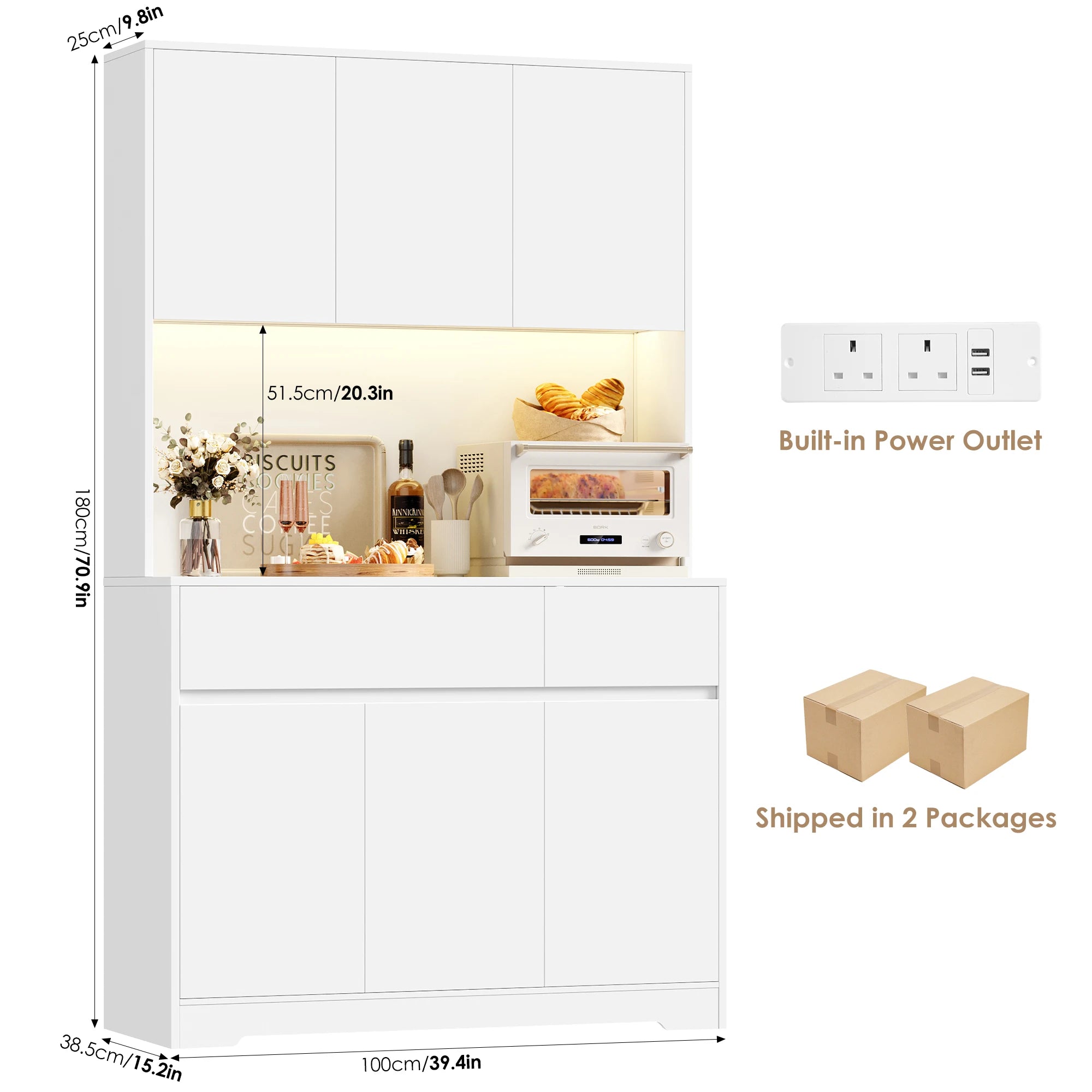 Vaisselier de cuisine avec LED, 6 portes et 2 tiroirs – 180 cm – vue 15