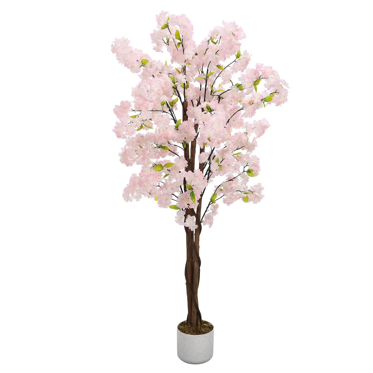 Arbre artificiel de cerisier en pot, fleurs rose clair, tige sombre et feuillage vert.