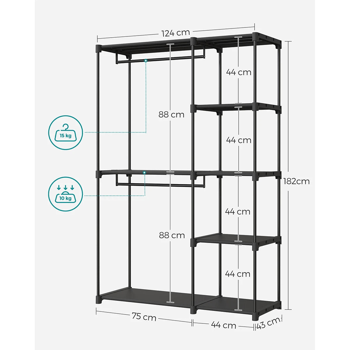Dressing ouvert à double penderie, 124 cm