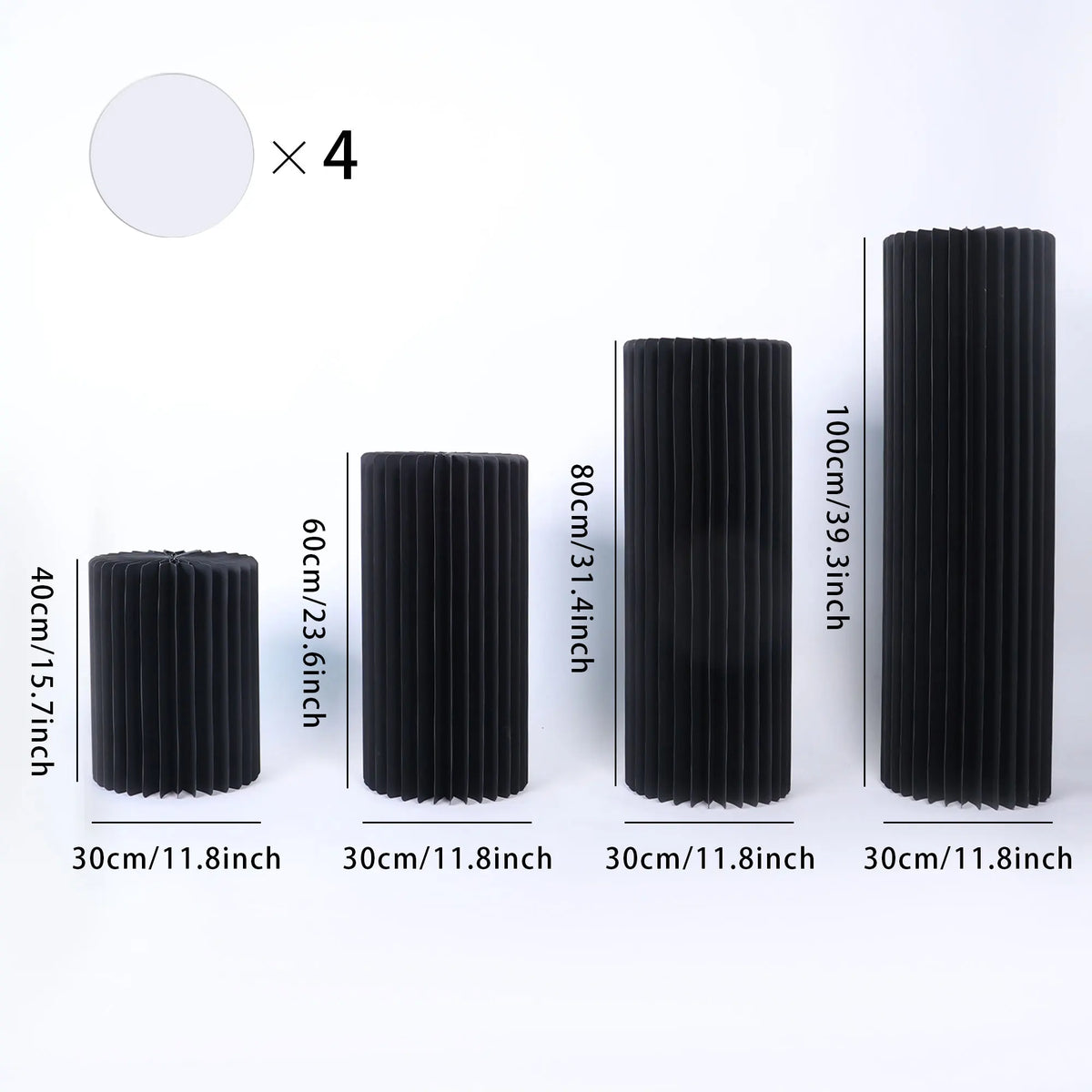 Colonnes de réception pliantes : lot noir hauteurs 40, 60, 80 et 100 cm.
