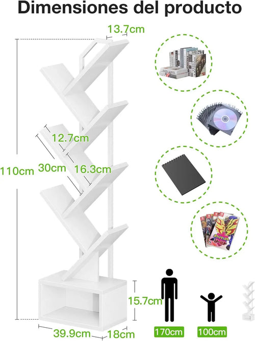 Bibliothèque arbre blanche à 6 niveaux — schéma des dimensions