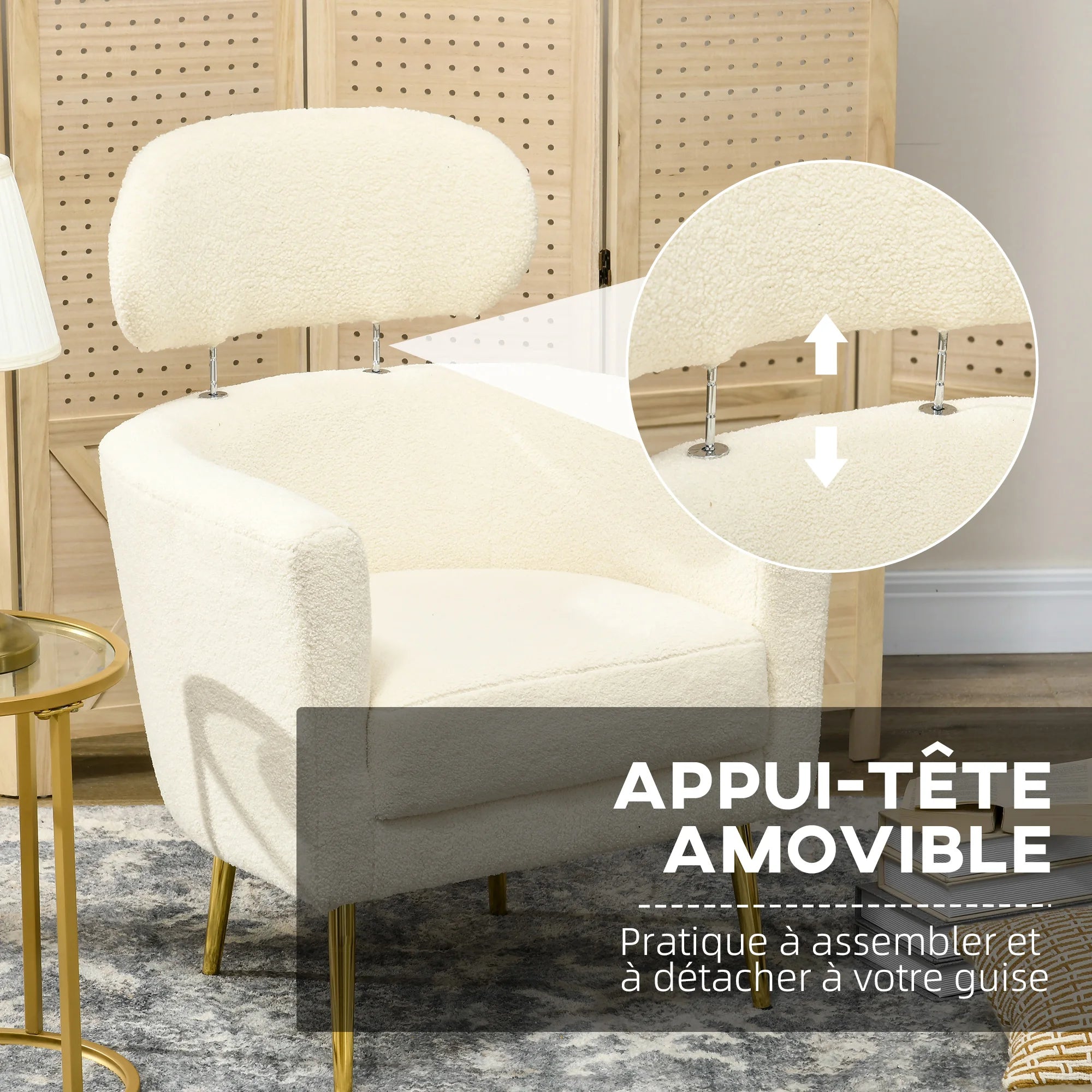 Fauteuil en tissu bouclé avec appuie-tête amovible