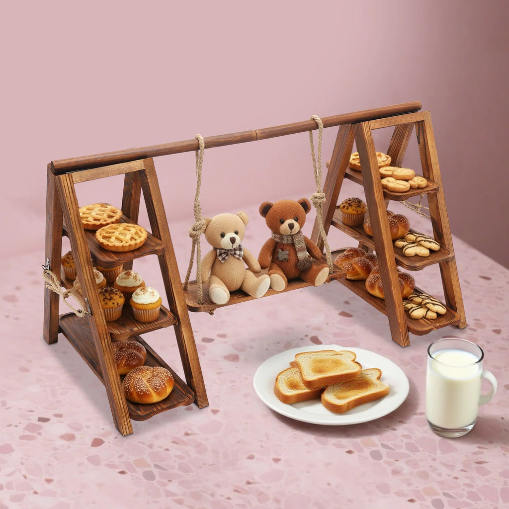 Présentoir à gâteaux en bois, décor balançoire