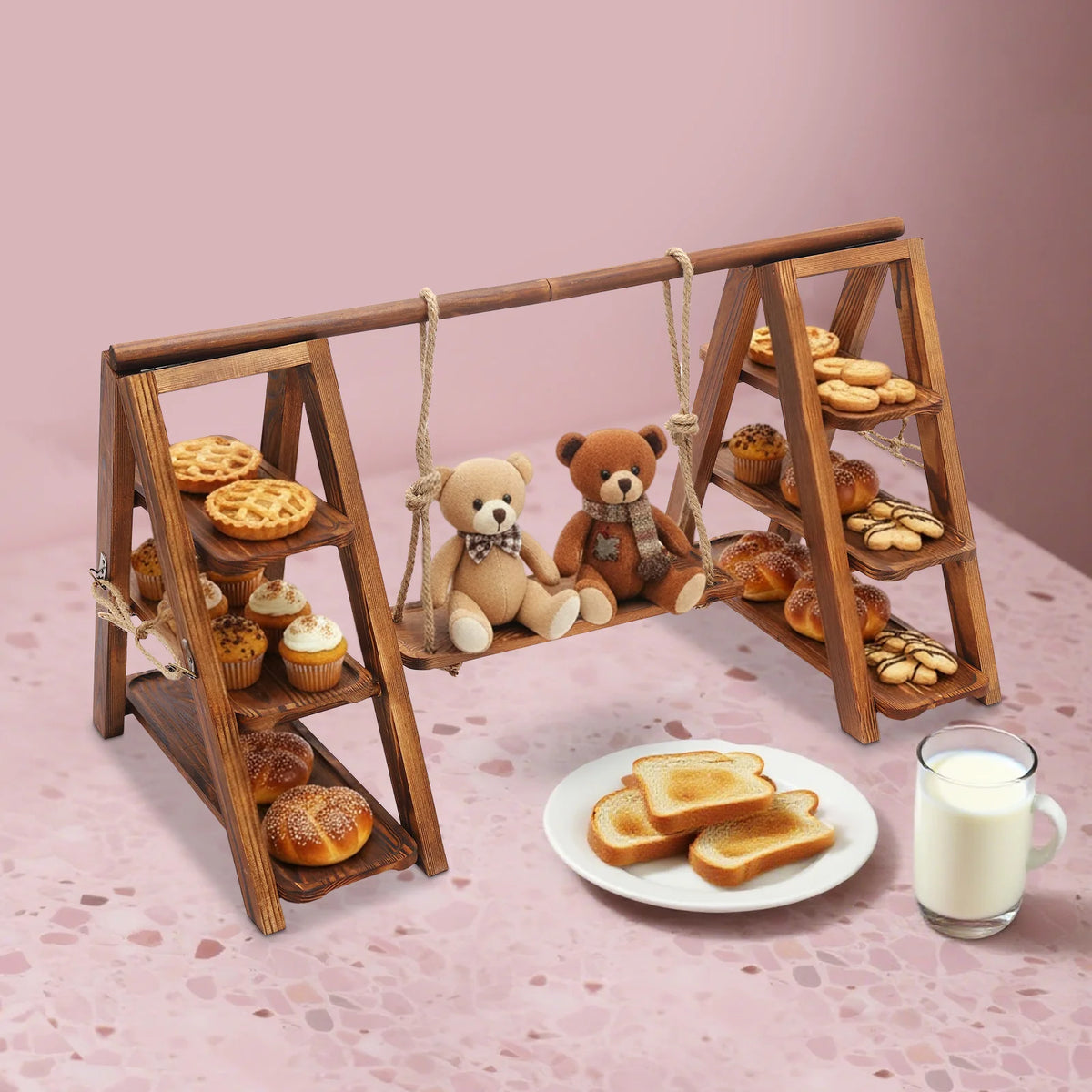 Présentoir à gâteaux en bois, décor balançoire