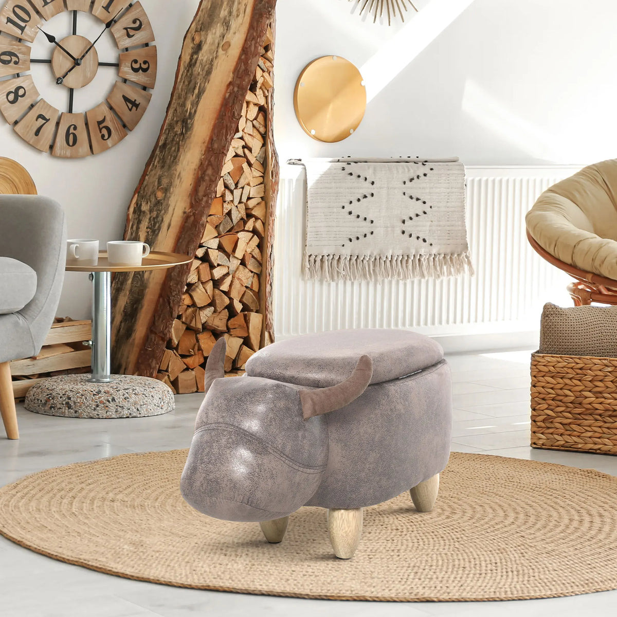 Pouf vache avec coffre de rangement, brun aspect daim — près d’un fauteuil