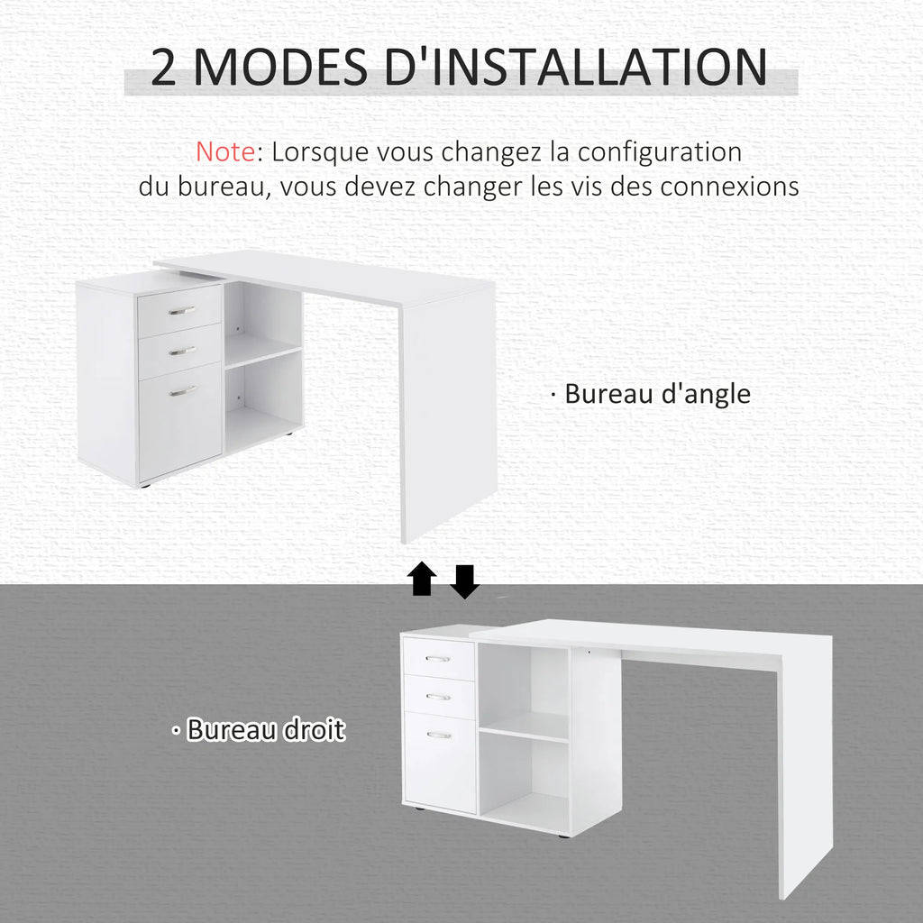 Bureau modulable 2-en-1 avec 3 tiroirs et 2 niches