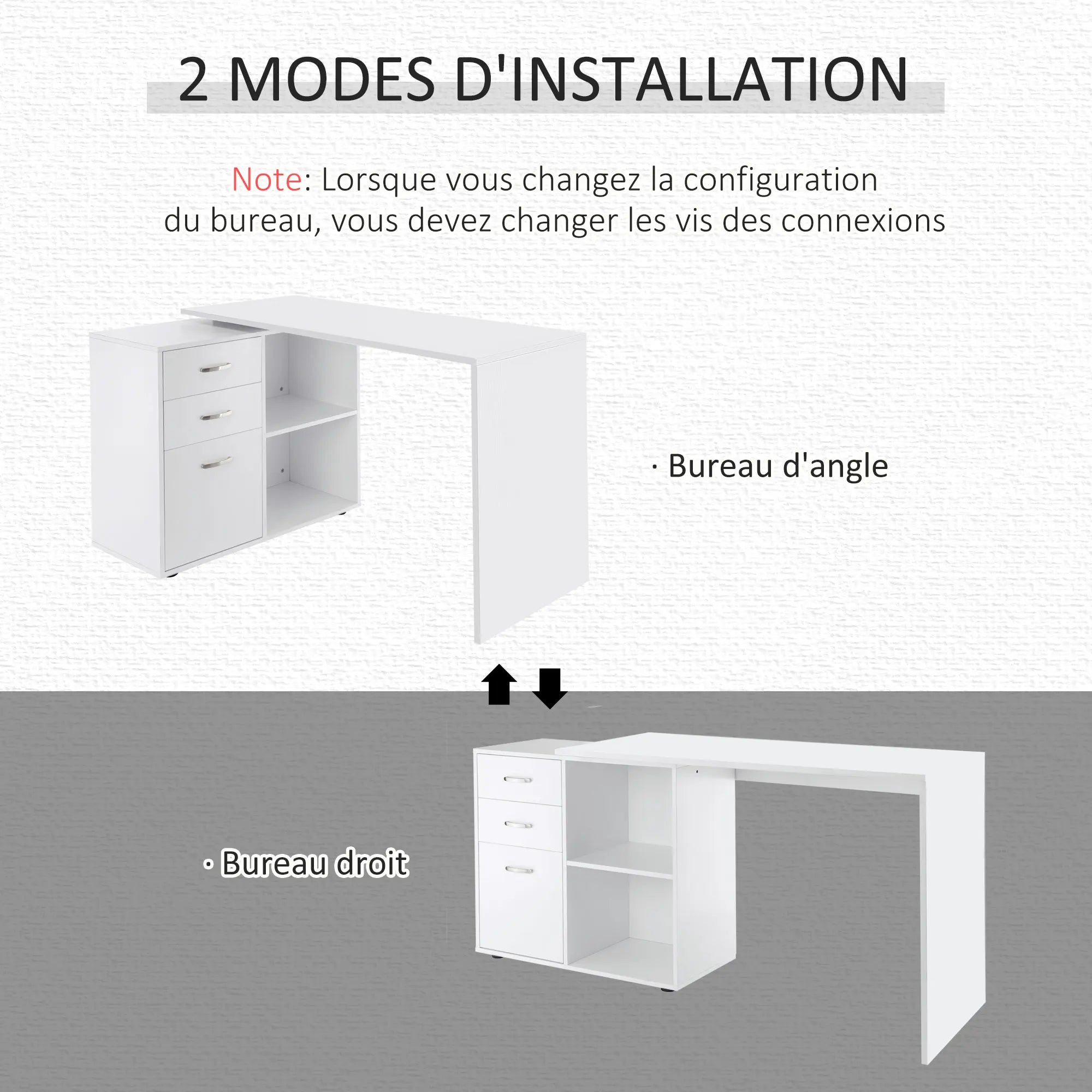 Bureau modulable 2-en-1 avec 3 tiroirs et 2 niches