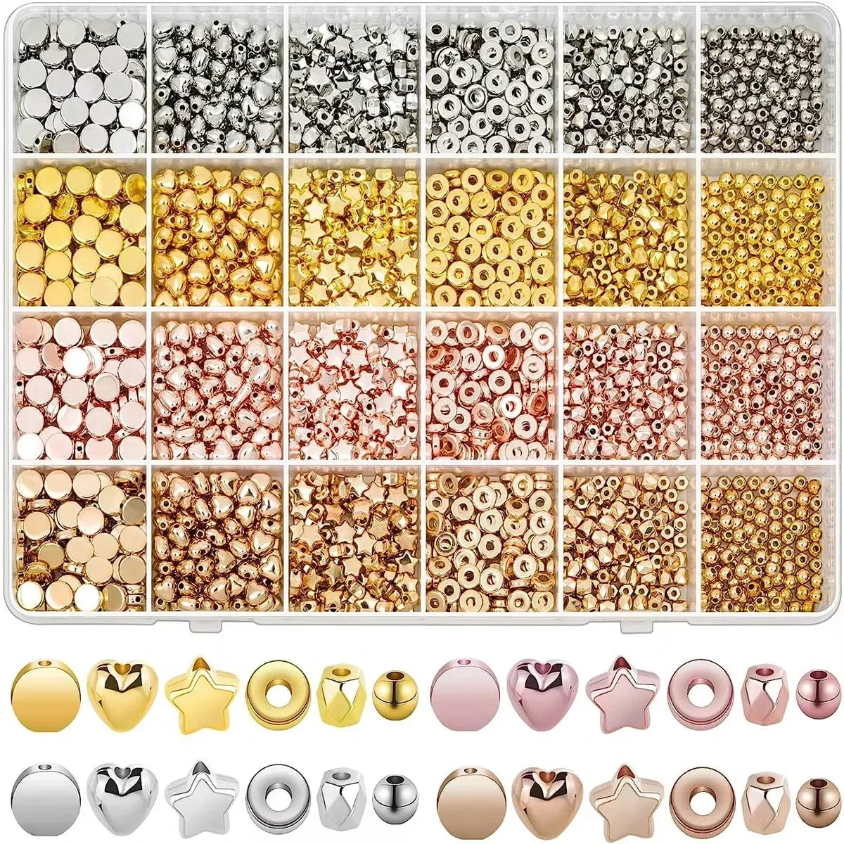 Plateau de perles d’espacement dorées : perles rondes et étoiles assorties
