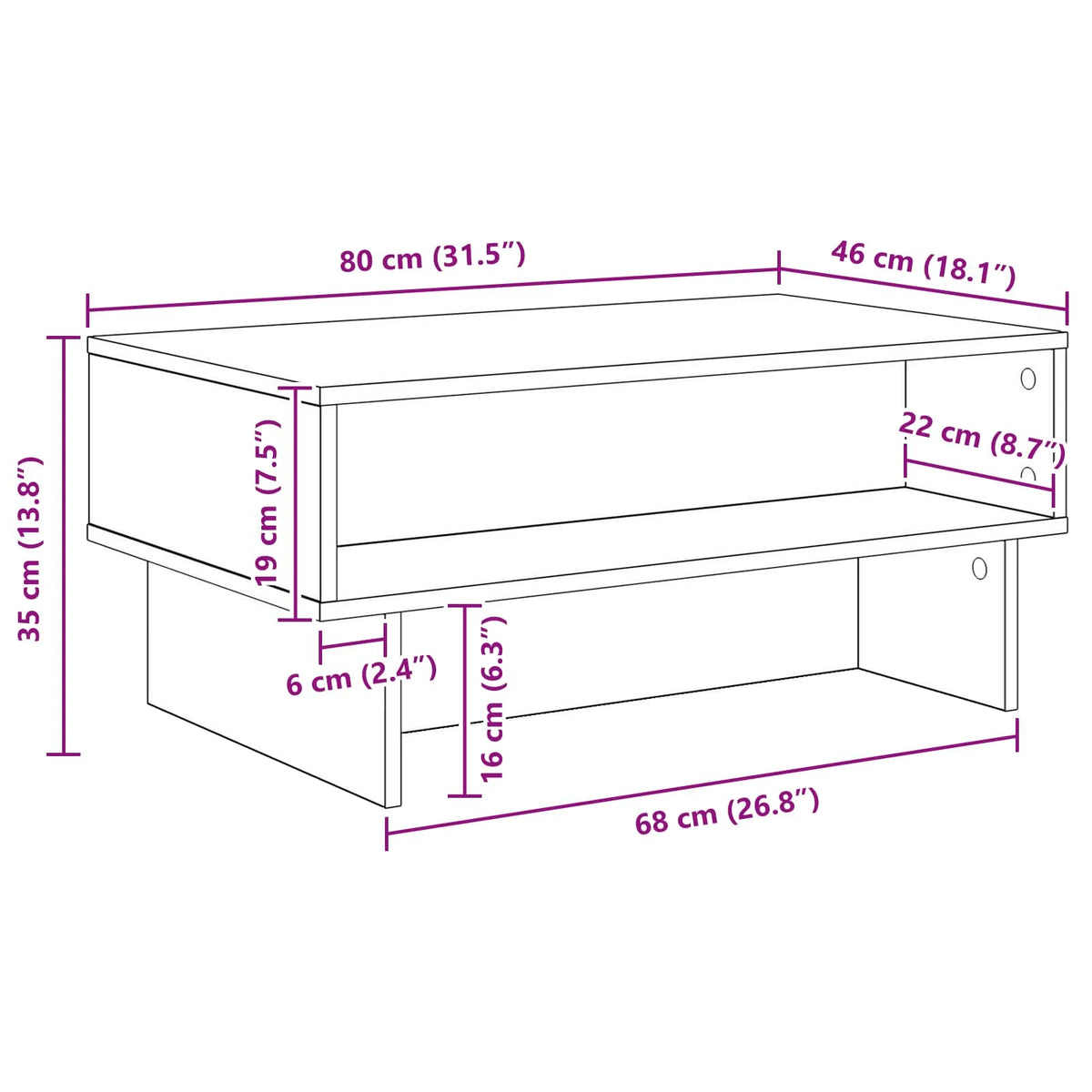 Table basse blanche avec rangement ouvert, 80 cm — dimensions