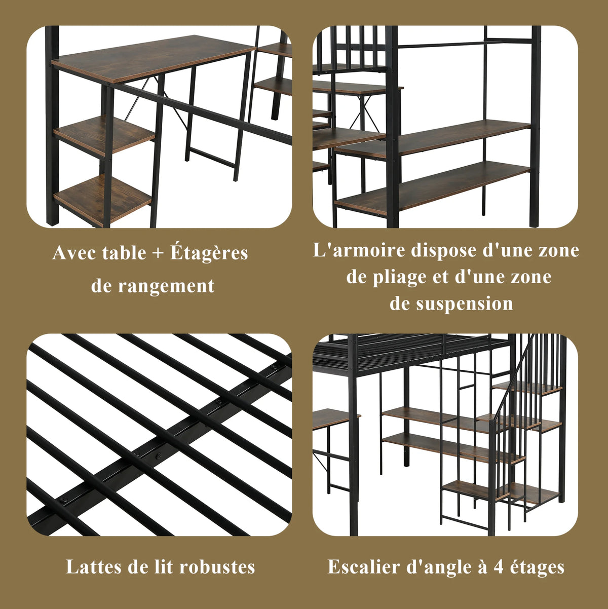 Lit mezzanine 120 × 200 cm avec bureau et dressing — bureau, penderie et marches latérales
