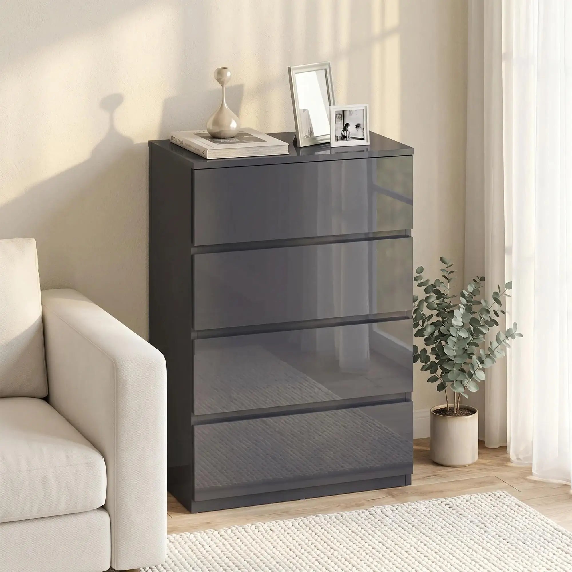 Commode gris brillant à 4 portes avec fermeture douce