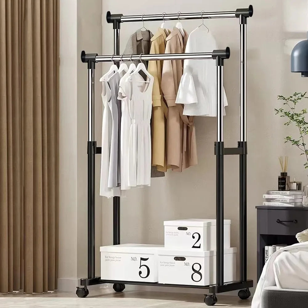Portant vêtements mobile à double barre, étagère de rangement, roulettes