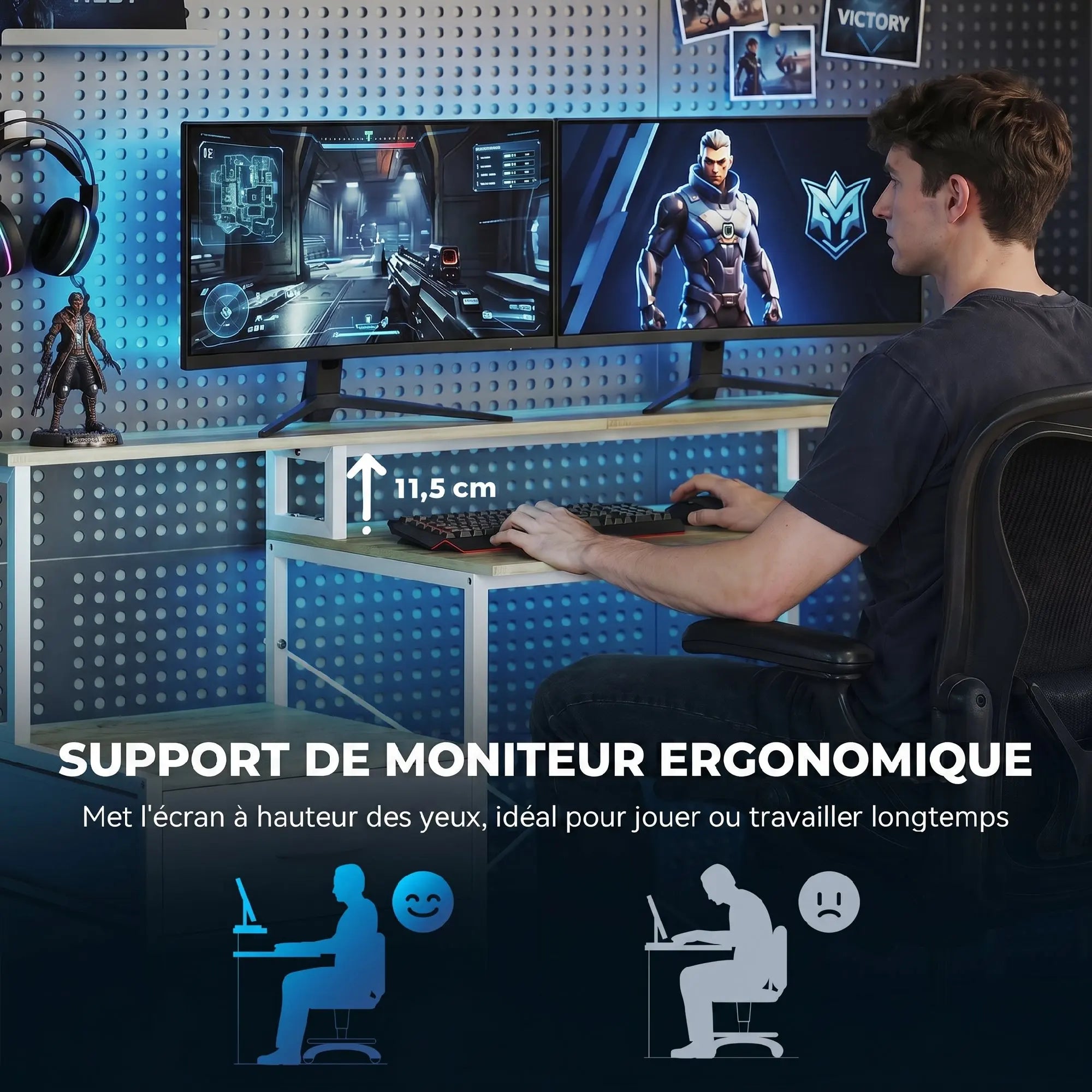 Bureau d’angle LED RGB avec prises et 2 tiroirs