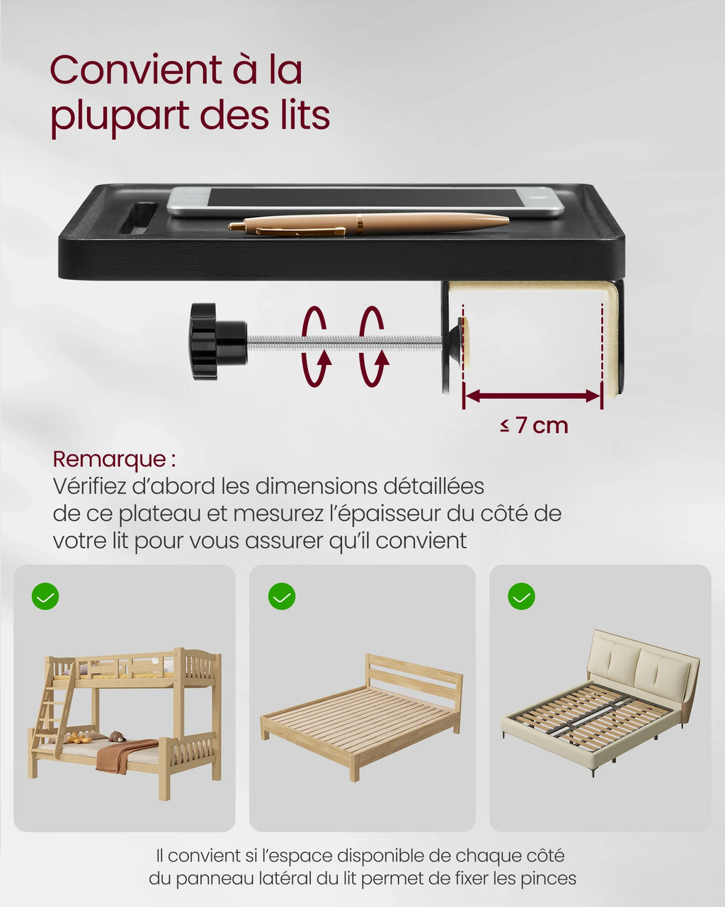 Plateau de lit à pinces avec porte-verre et crochet