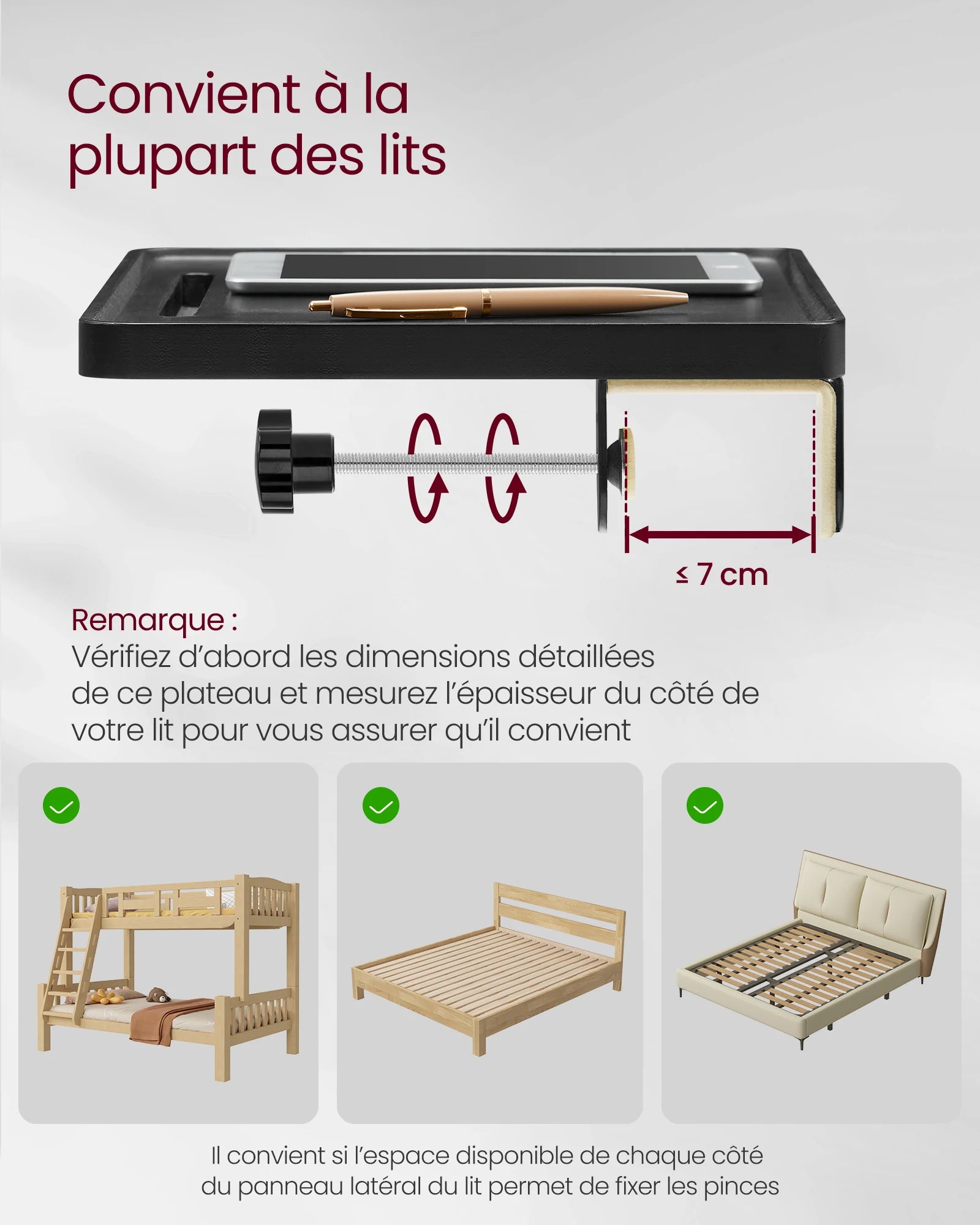 Plateau de lit à pinces avec porte-verre et crochet