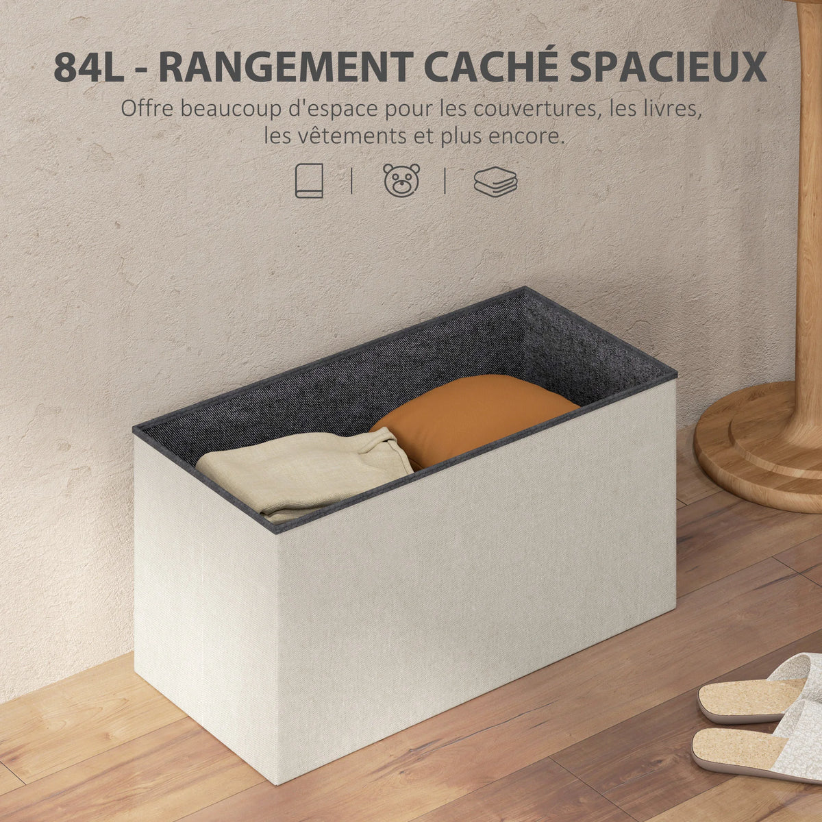 Banc coffre pliable 76 cm, rangement 84 L — volume intérieur
