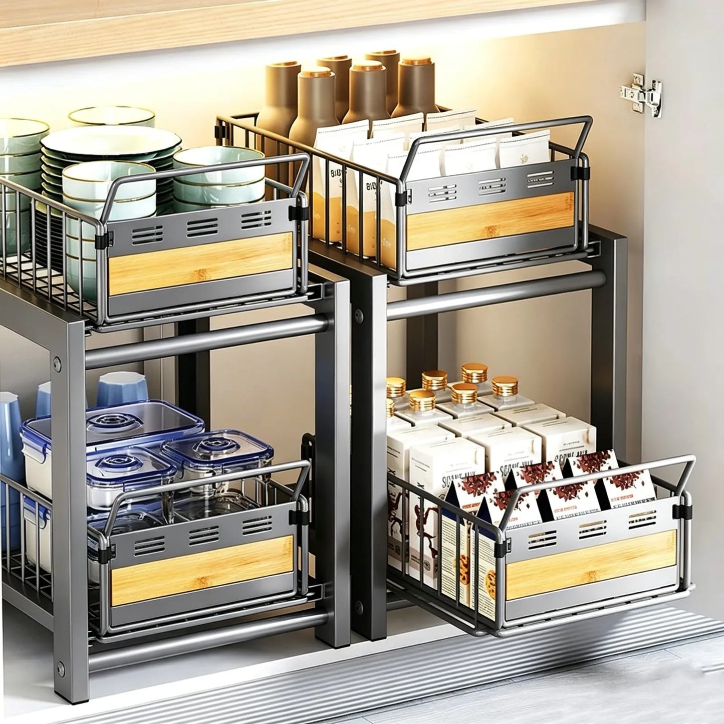 Rangement Coulissant Sous Évier Réglable Double Tiers Pour Cuisine
