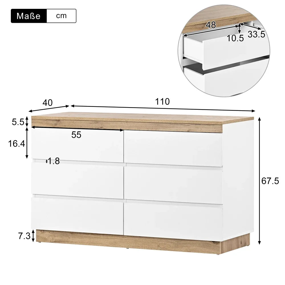 Commode 6 tiroirs blanc et chêne avec verrouillage